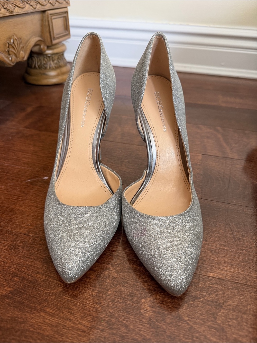 BCBGeneration Glitter Silver Pointed-Toe High Heels